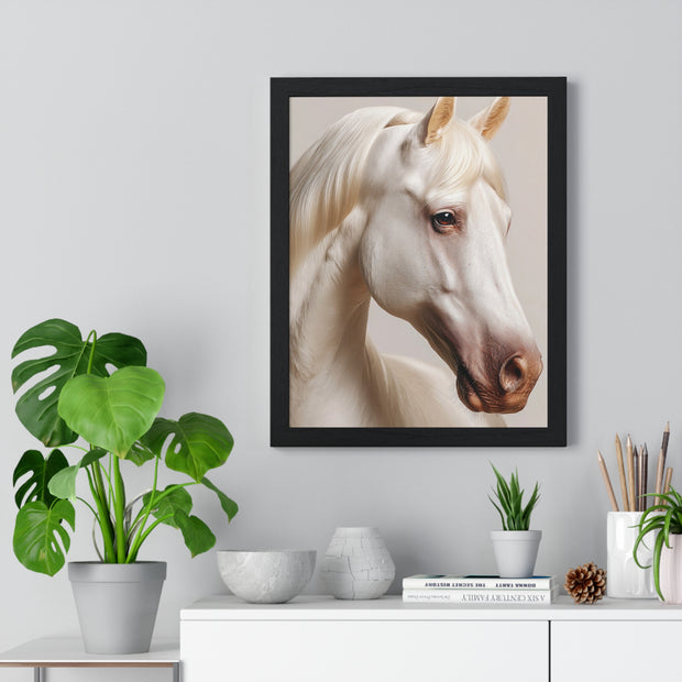 Elegant White Horse Art, Vertical Framed Poster, Horse Decor, Animal Lover Gift, Wall Art, Home Gallery Display