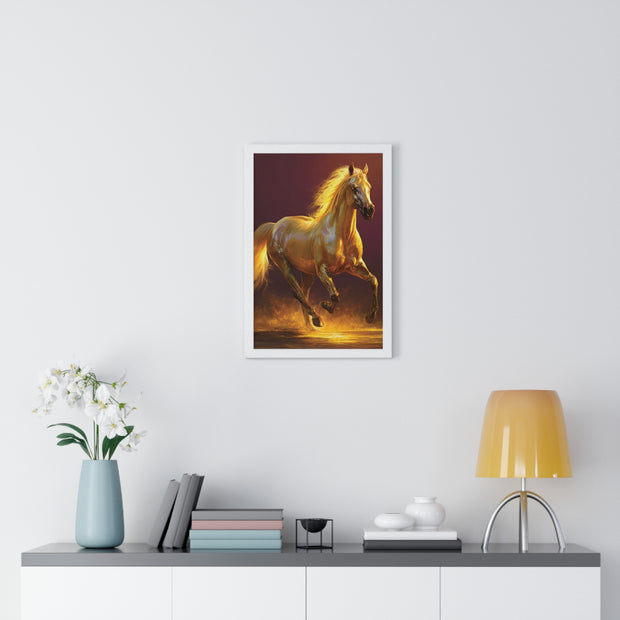 Golden Horse Vertical Framed Poster, Equestrian Decor, Horse Lover Gift, Wall Art, Home Office Decoration