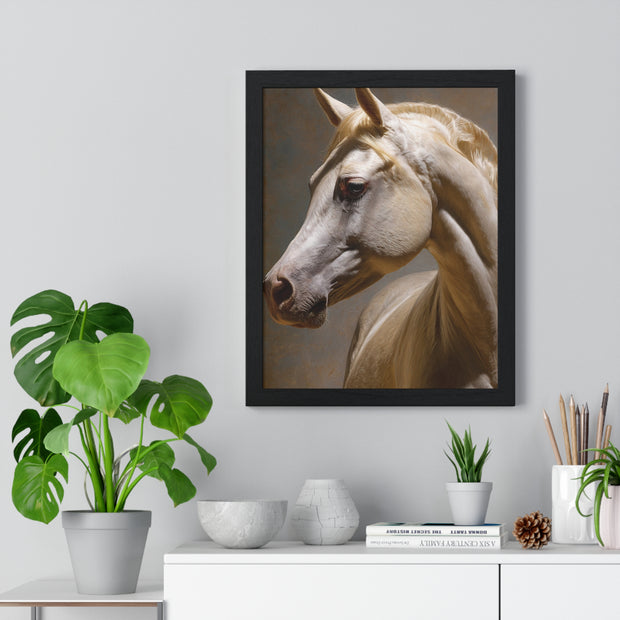 Elegant Horse Framed Art Print, White Horse Wall Decor, Equine Decor, Animal Lover Gift, Rustic Home Wall Art