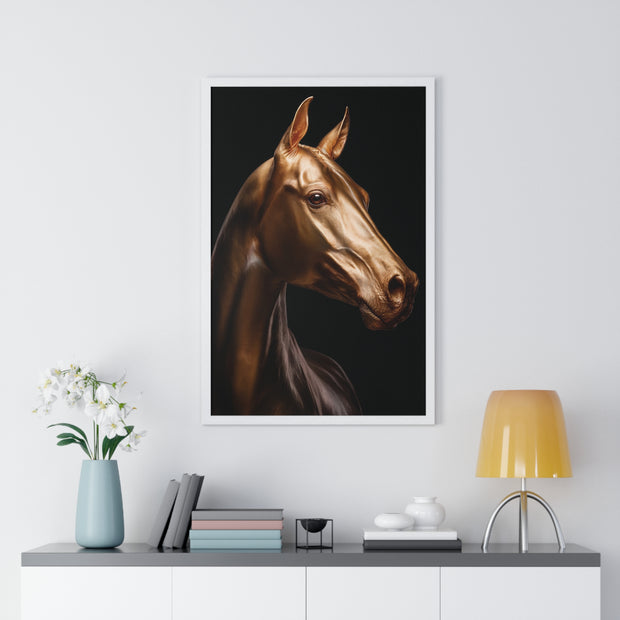 Golden Horse Vertical Framed Poster, Elegant Wall Art, Horse Lover Gift, Modern Home Decor, Animal Art Print