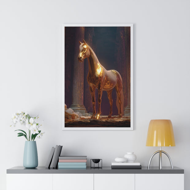 Elegant Gold Horse Vertical Framed Poster, Home Decor, Fine Art Print, Wall Art, Modern Decor, Gift for Horse Lovers