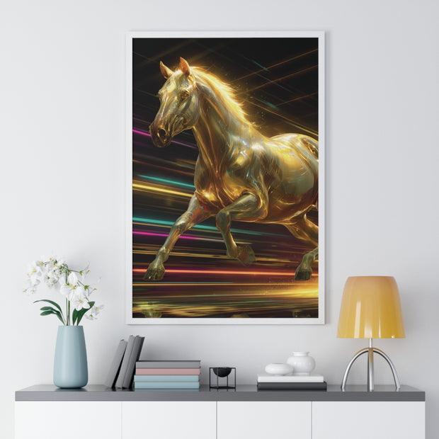 Golden Galloping Horse Vertical Framed Poster, Equine Art, Living Room Decor, Horse Lover Gift, Inspirational Wall Art, Home Aesthetic