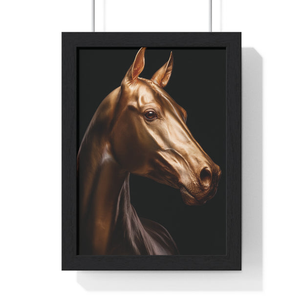 Golden Horse Vertical Framed Poster, Elegant Wall Art, Horse Lover Gift, Modern Home Decor, Animal Art Print