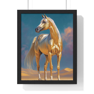 Golden Horse Vertical Framed Poster, Equine Wall Art, Horse Decor, Gift for Equestrians, Horse Lover Artwork, Elegant Home Decoration