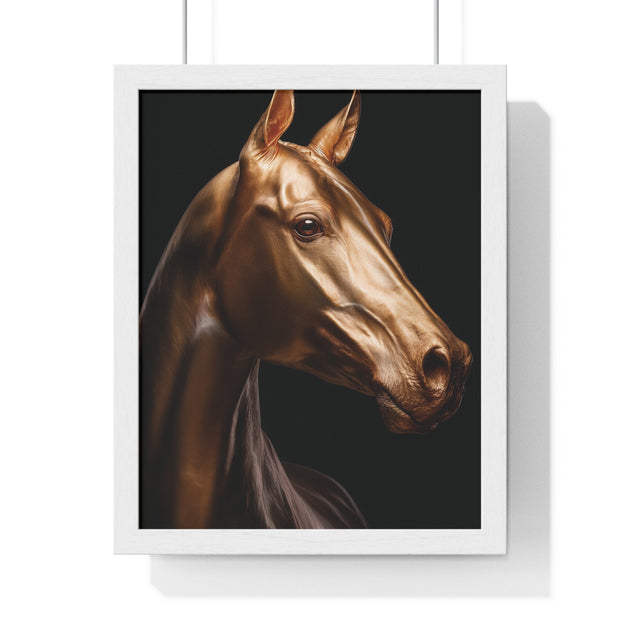 Golden Horse Vertical Framed Poster, Elegant Wall Art, Horse Lover Gift, Modern Home Decor, Animal Art Print