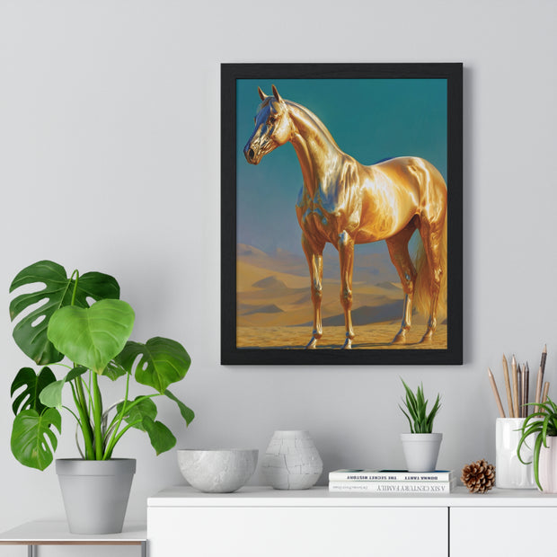 Golden Horse Vertical Framed Poster, Modern Wall Art, Equestrian Decor, Animal Lover Gift, Home Aesthetic
