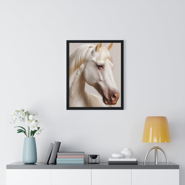 Elegant White Horse Art, Vertical Framed Poster, Horse Decor, Animal Lover Gift, Wall Art, Home Gallery Display