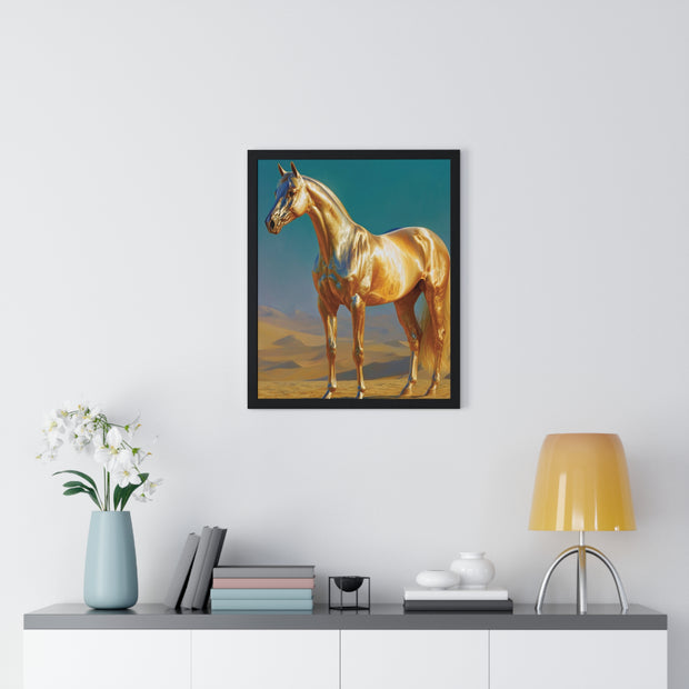 Golden Horse Vertical Framed Poster, Modern Wall Art, Equestrian Decor, Animal Lover Gift, Home Aesthetic