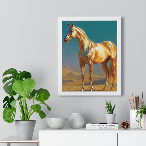 Golden Horse Vertical Framed Poster, Modern Wall Art, Equestrian Decor, Animal Lover Gift, Home Aesthetic