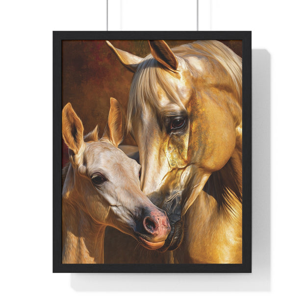 Majestic Horse Love Vertical Framed Poster, Equestrian Art Print, Animal Lovers Decor, Horse Mother and Foal, Home Wall Art