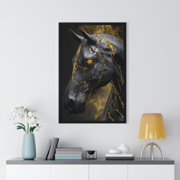 Elegant Horse Framed Art Print, Modern Wall Decor, Unique Home Accent, Gift for Horse Lovers, Art for Living Room, Black Gold Art