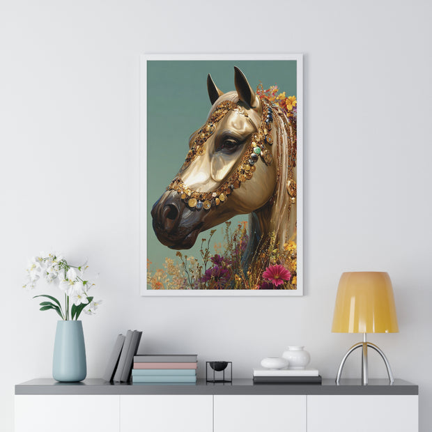 Golden Horse Framed Art Print, Elegant Home Decor, Gift for Animal Lovers, Equine Art, Wall Decoration