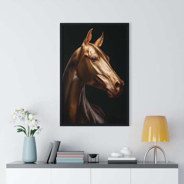 Golden Horse Vertical Framed Poster, Elegant Wall Art, Horse Lover Gift, Modern Home Decor, Animal Art Print