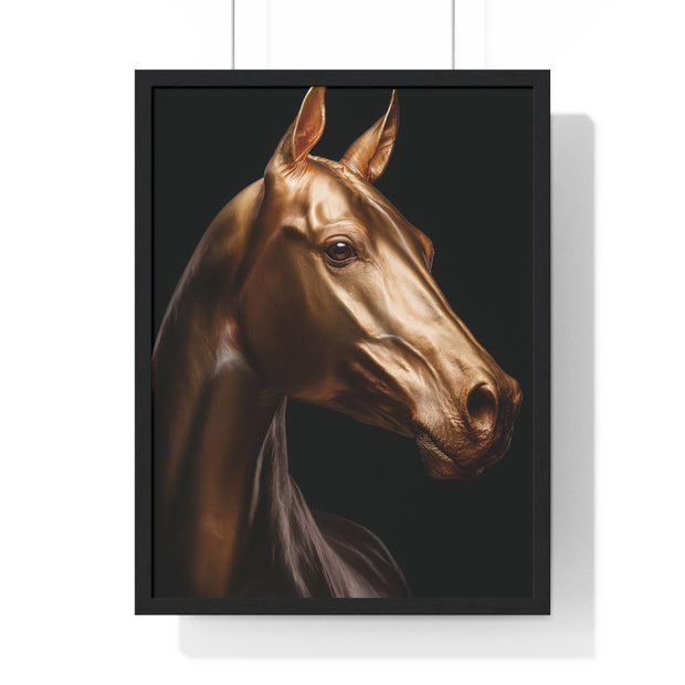 Golden Horse Vertical Framed Poster, Elegant Wall Art, Horse Lover Gift, Modern Home Decor, Animal Art Print