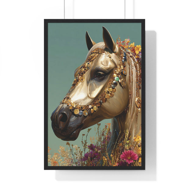 Golden Horse Framed Art Print, Elegant Home Decor, Gift for Animal Lovers, Equine Art, Wall Decoration