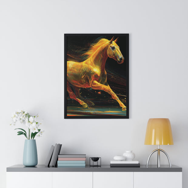Golden Horse Art Vertical Framed Poster, Equestrian Home Decor, Gallery Wall Artwork, Horse Lover Gift, Vibrant Animal Print