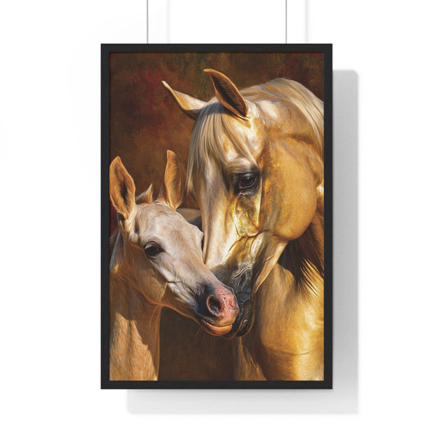 Majestic Horse Love Vertical Framed Poster, Equestrian Art Print, Animal Lovers Decor, Horse Mother and Foal, Home Wall Art