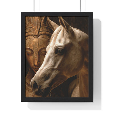 Serene Horse and Goddess Vertical Framed Poster, Vintage Art Decor for Animal Lovers, Home Wall Art, Gift for Horse Lovers, Boho Decor