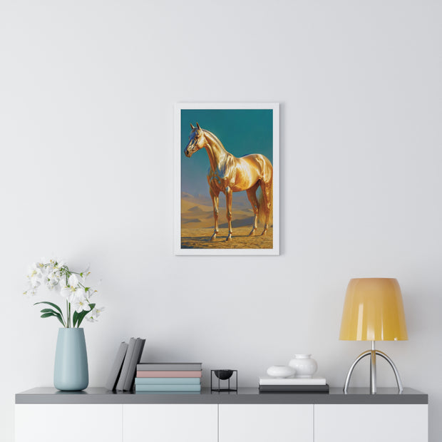 Golden Horse Vertical Framed Poster, Modern Wall Art, Equestrian Decor, Animal Lover Gift, Home Aesthetic