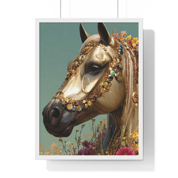 Golden Horse Framed Art Print, Elegant Home Decor, Gift for Animal Lovers, Equine Art, Wall Decoration
