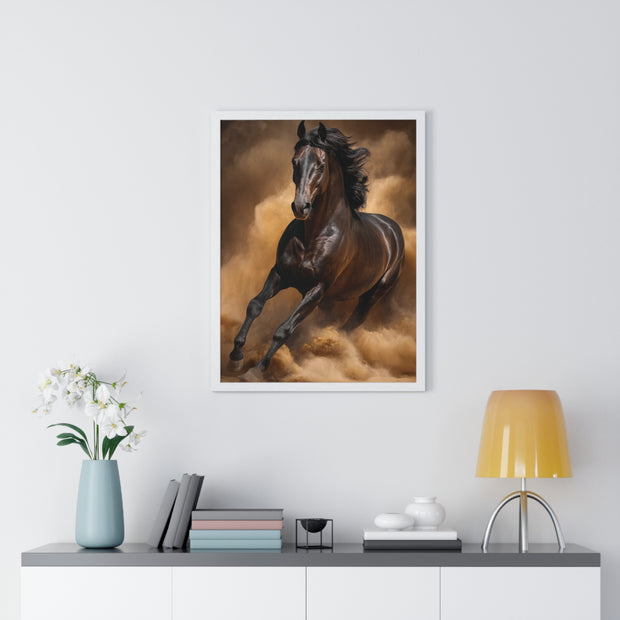Elegant Galloping Horse Vertical Framed Poster, Equine Art, Horse Lover Gift, Home Decor, Animal Wall Art, Rustic Style, Equine Wall Decor