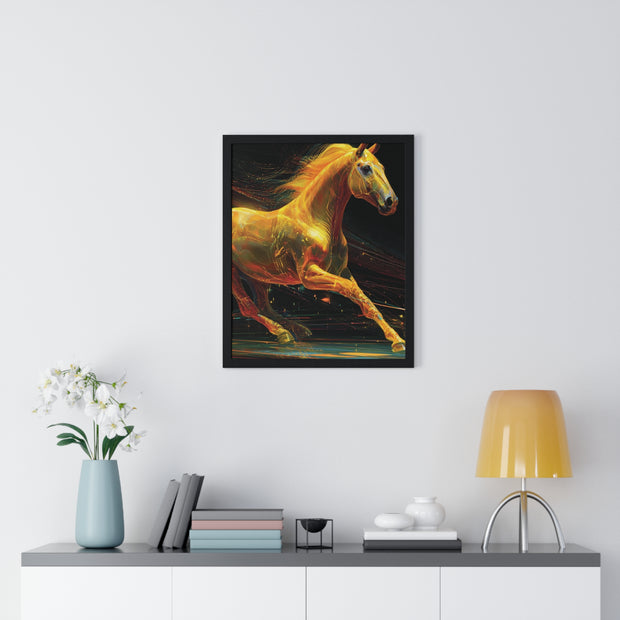 Golden Horse Art Vertical Framed Poster, Equestrian Home Decor, Gallery Wall Artwork, Horse Lover Gift, Vibrant Animal Print