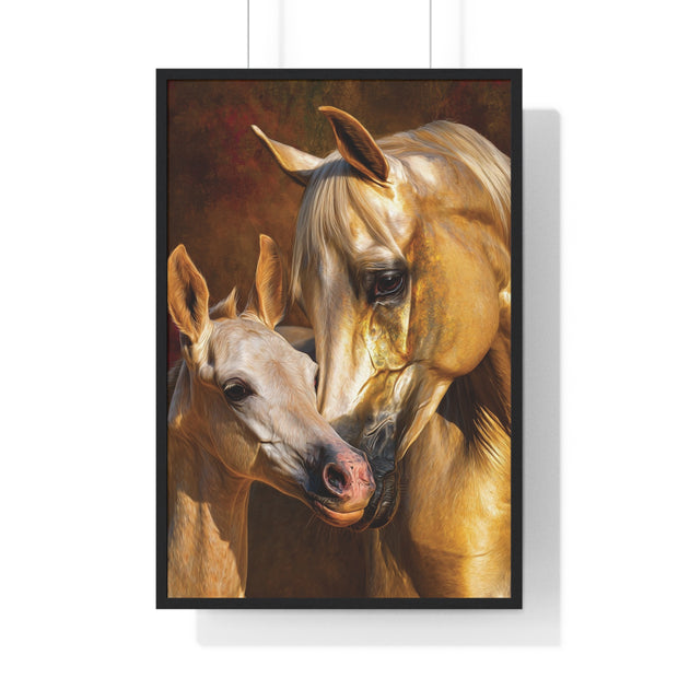Majestic Horse Love Vertical Framed Poster, Equestrian Art Print, Animal Lovers Decor, Horse Mother and Foal, Home Wall Art