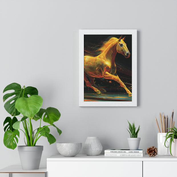 Golden Horse Art Vertical Framed Poster, Equestrian Home Decor, Gallery Wall Artwork, Horse Lover Gift, Vibrant Animal Print