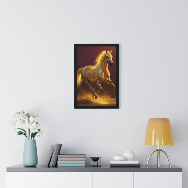 Golden Horse Vertical Framed Poster, Equestrian Decor, Horse Lover Gift, Wall Art, Home Office Decoration