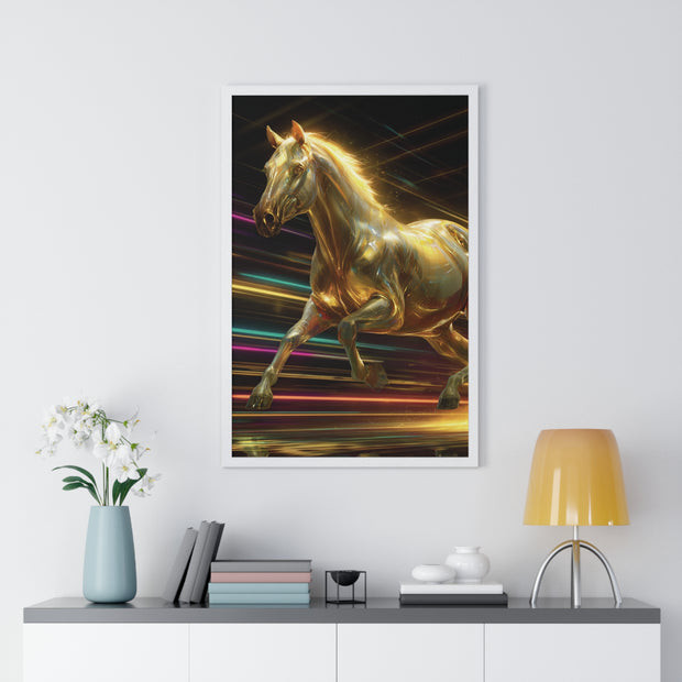 Golden Galloping Horse Vertical Framed Poster, Equine Art, Living Room Decor, Horse Lover Gift, Inspirational Wall Art, Home Aesthetic