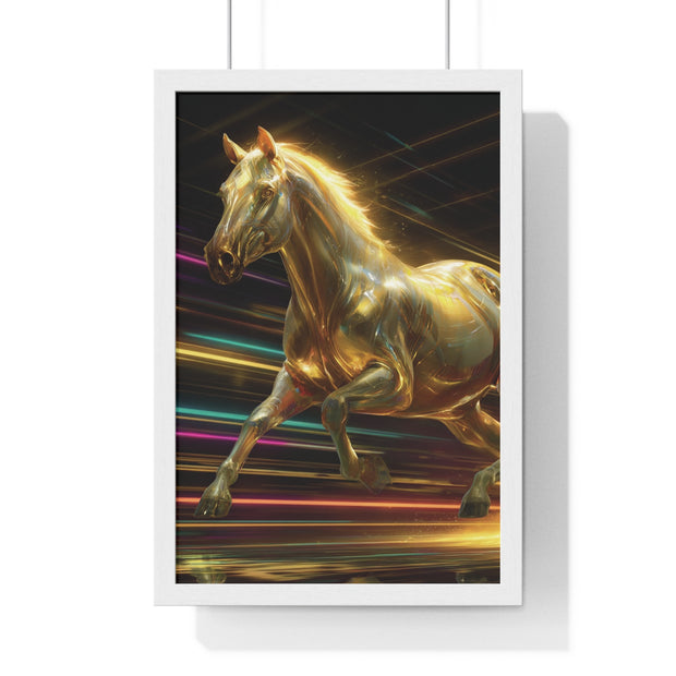 Golden Galloping Horse Vertical Framed Poster, Equine Art, Living Room Decor, Horse Lover Gift, Inspirational Wall Art, Home Aesthetic