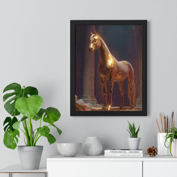 Elegant Gold Horse Vertical Framed Poster, Home Decor, Fine Art Print, Wall Art, Modern Decor, Gift for Horse Lovers