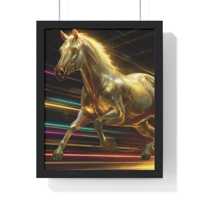 Golden Galloping Horse Vertical Framed Poster, Equine Art, Living Room Decor, Horse Lover Gift, Inspirational Wall Art, Home Aesthetic