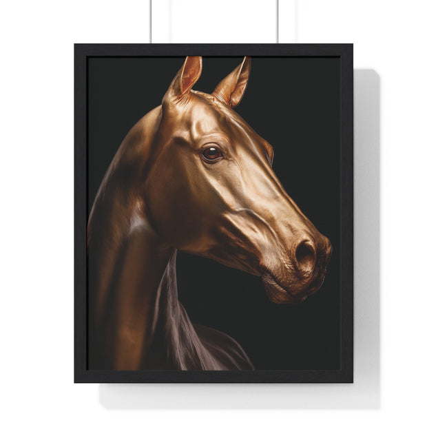 Golden Horse Vertical Framed Poster, Elegant Wall Art, Horse Lover Gift, Modern Home Decor, Animal Art Print