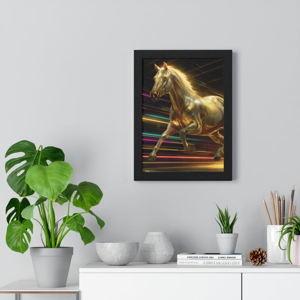 Golden Galloping Horse Vertical Framed Poster, Equine Art, Living Room Decor, Horse Lover Gift, Inspirational Wall Art, Home Aesthetic