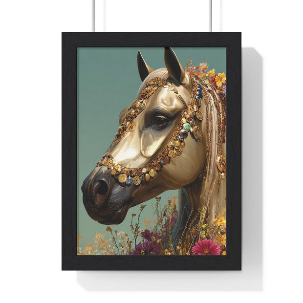 Golden Horse Framed Art Print, Elegant Home Decor, Gift for Animal Lovers, Equine Art, Wall Decoration