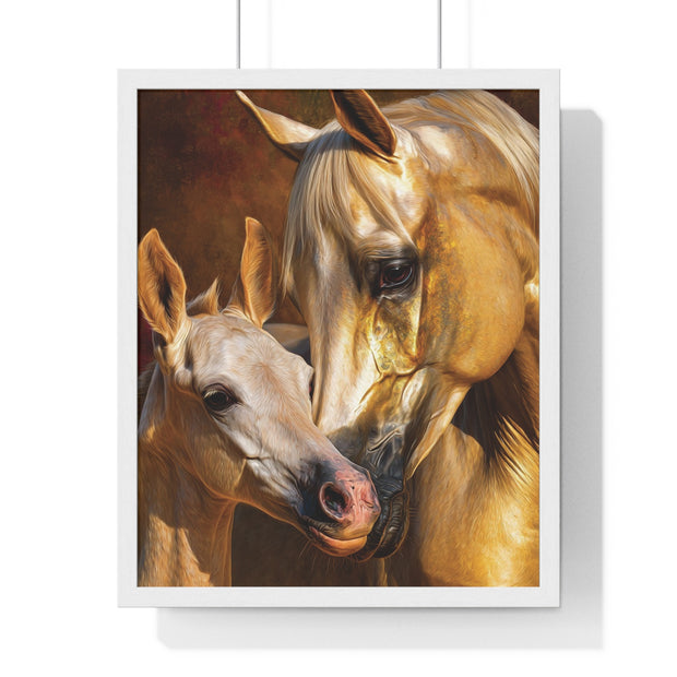 Majestic Horse Love Vertical Framed Poster, Equestrian Art Print, Animal Lovers Decor, Horse Mother and Foal, Home Wall Art