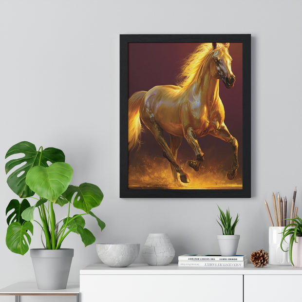 Golden Horse Vertical Framed Poster, Equestrian Decor, Horse Lover Gift, Wall Art, Home Office Decoration