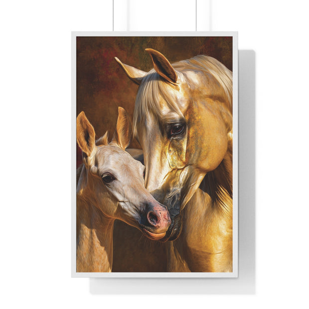 Majestic Horse Love Vertical Framed Poster, Equestrian Art Print, Animal Lovers Decor, Horse Mother and Foal, Home Wall Art