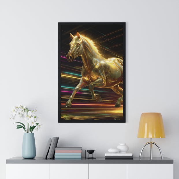 Golden Galloping Horse Vertical Framed Poster, Equine Art, Living Room Decor, Horse Lover Gift, Inspirational Wall Art, Home Aesthetic