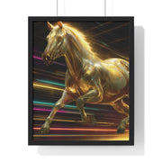 Golden Galloping Horse Vertical Framed Poster, Equine Art, Living Room Decor, Horse Lover Gift, Inspirational Wall Art, Home Aesthetic