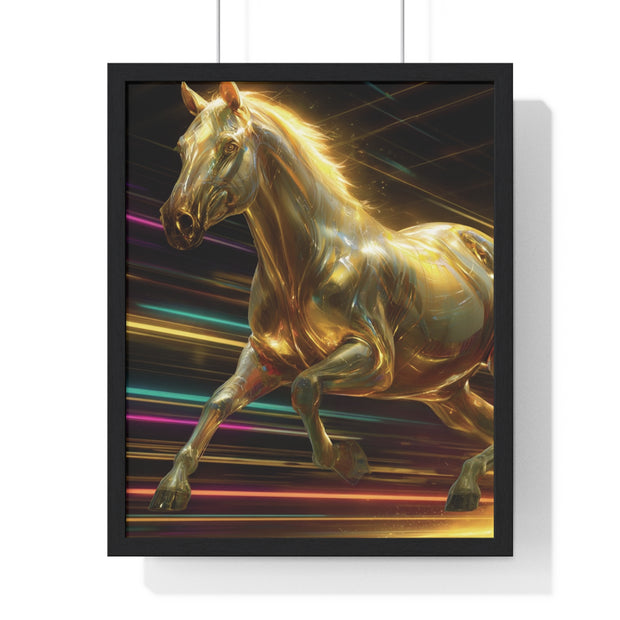 Golden Galloping Horse Vertical Framed Poster, Equine Art, Living Room Decor, Horse Lover Gift, Inspirational Wall Art, Home Aesthetic