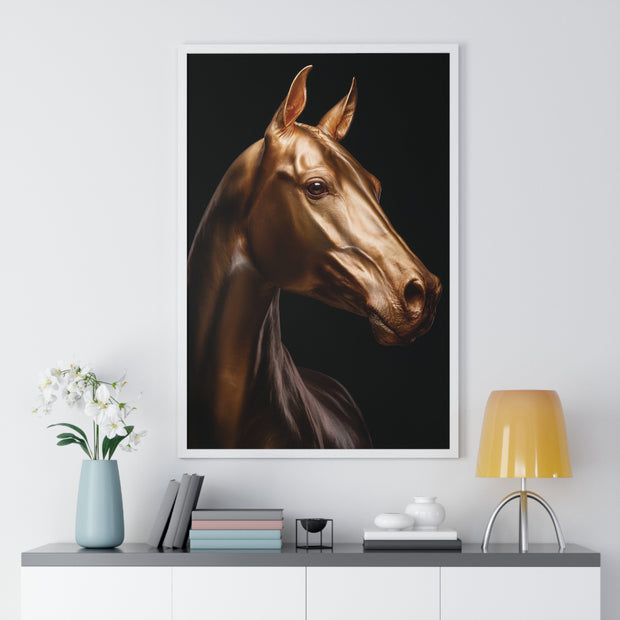 Golden Horse Vertical Framed Poster, Elegant Wall Art, Horse Lover Gift, Modern Home Decor, Animal Art Print