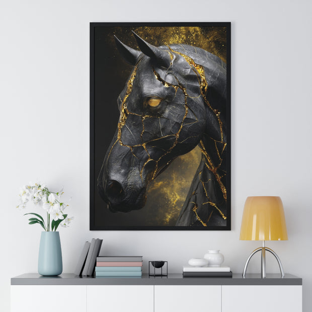 Elegant Horse Framed Art Print, Modern Wall Decor, Unique Home Accent, Gift for Horse Lovers, Art for Living Room, Black Gold Art