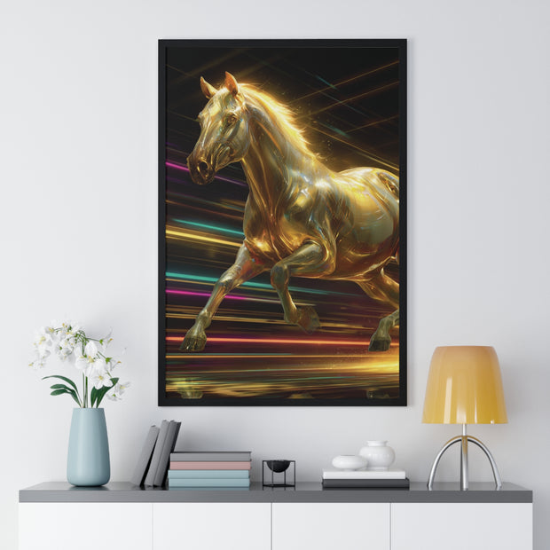 Golden Galloping Horse Vertical Framed Poster, Equine Art, Living Room Decor, Horse Lover Gift, Inspirational Wall Art, Home Aesthetic