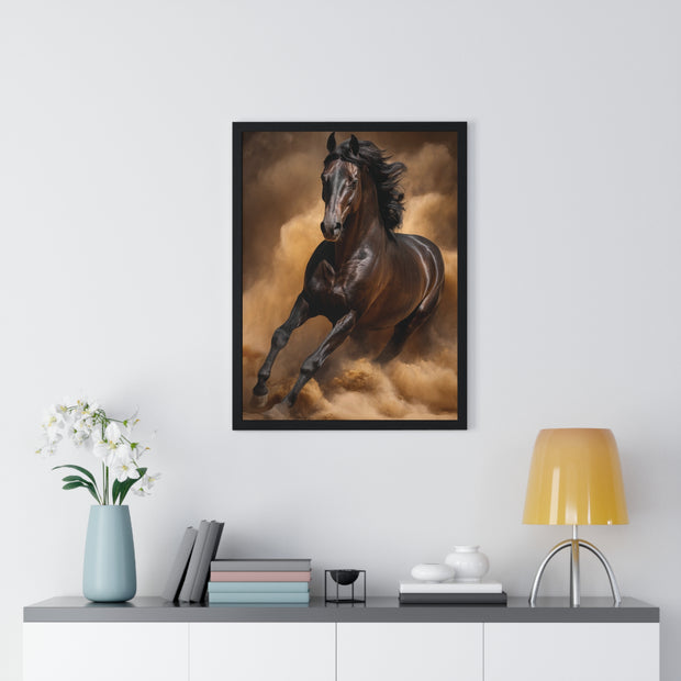 Elegant Galloping Horse Vertical Framed Poster, Equine Art, Horse Lover Gift, Home Decor, Animal Wall Art, Rustic Style, Equine Wall Decor