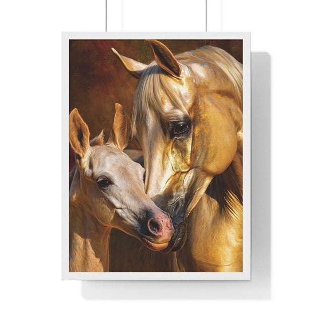 Majestic Horse Love Vertical Framed Poster, Equestrian Art Print, Animal Lovers Decor, Horse Mother and Foal, Home Wall Art